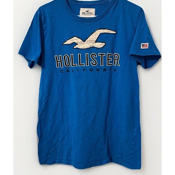 VTG Y2K Hollister Rare American Flag Patch Sleeve Men T-shirt M Blue Logo Bird - Picture 4 of 9